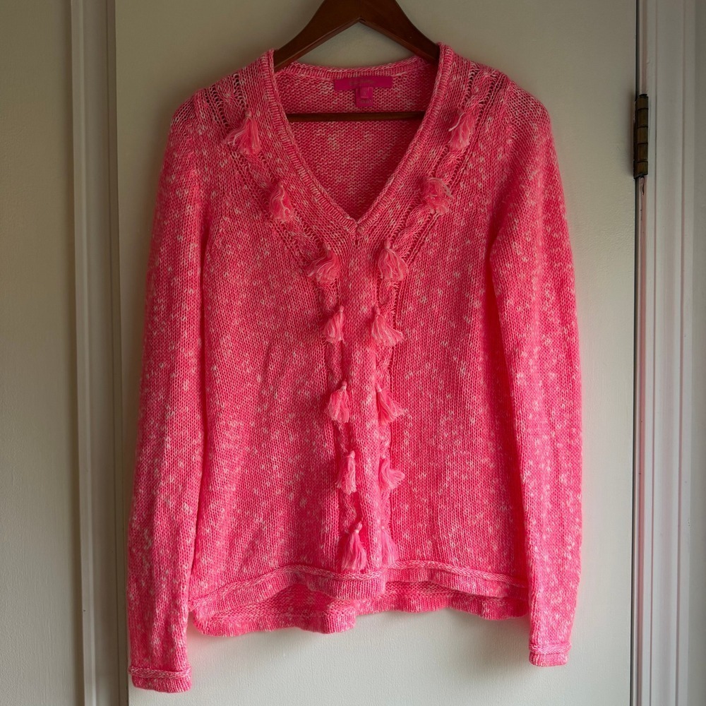 Lilly Pulitzer Pink White Speckled V Neck Tassel Sweater Size S